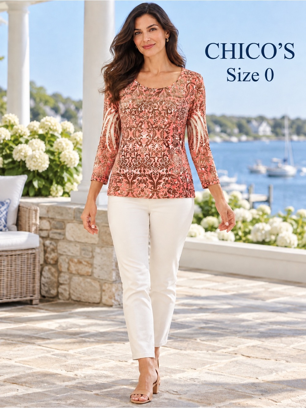 Chico’s Size 0 Coral Brown Damask Print Embellished 3/4 Sleeve Top US Small